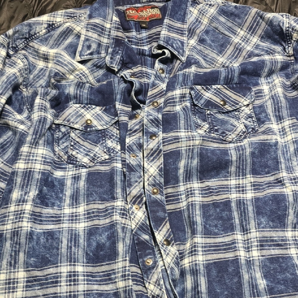 Blue Plaid Men's Rock And Roll Cowboy Shirt With Black Pearl Snaps